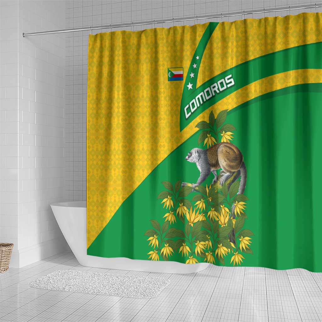 Comoros Shower Curtain - National Flag Lemur Design and Ylang Ylang Flower Pattern