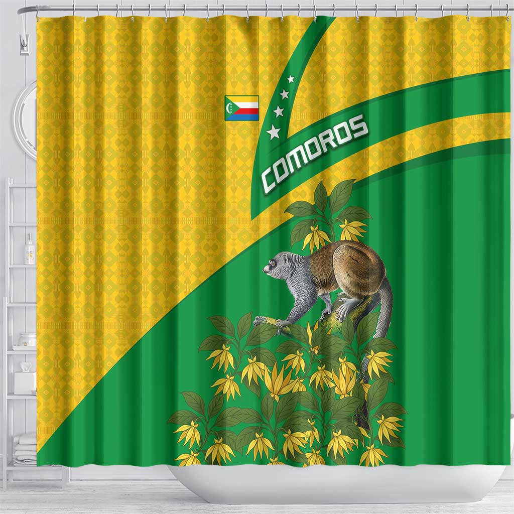 Comoros Shower Curtain - National Flag Lemur Design and Ylang Ylang Flower Pattern