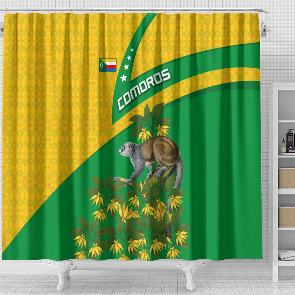 Comoros Shower Curtain - National Flag Lemur Design and Ylang Ylang Flower Pattern