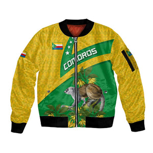 Comoros Sleeve Zip Bomber Jacket - National Flag Lemur Design and Ylang Ylang Flower Pattern