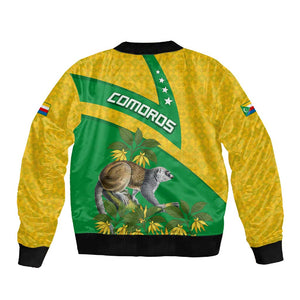 Comoros Sleeve Zip Bomber Jacket - National Flag Lemur Design and Ylang Ylang Flower Pattern