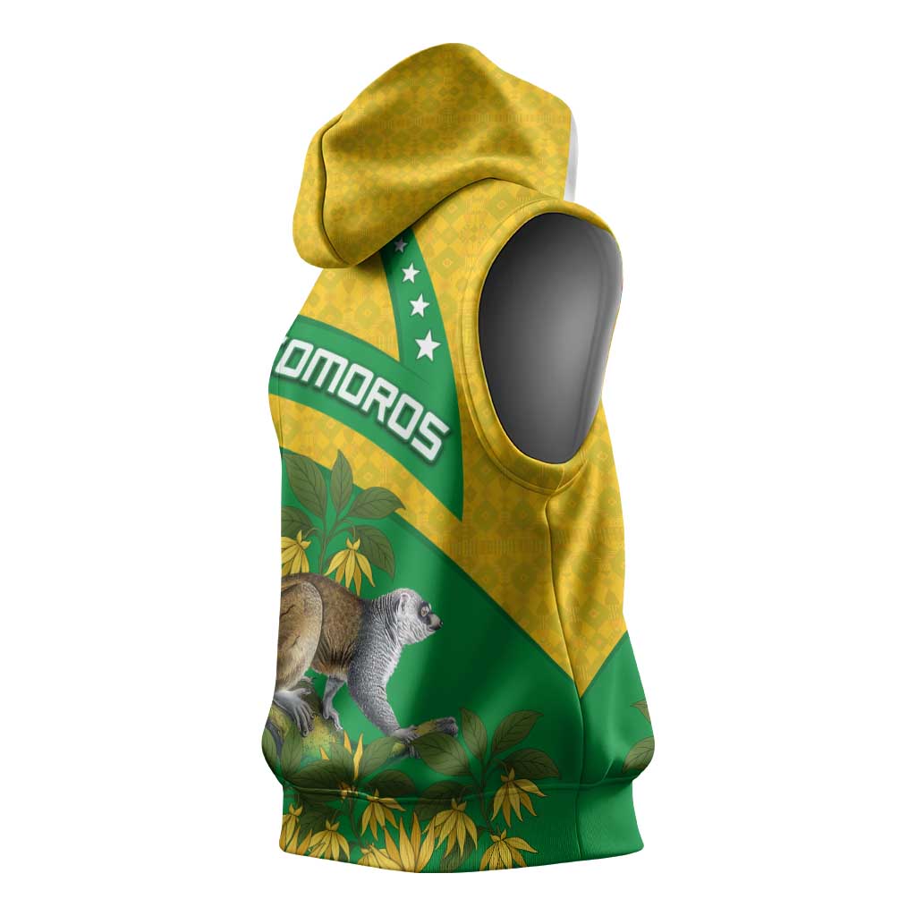 Comoros Sleeveless Hoodie - National Flag Lemur Design and Ylang Ylang Flower Pattern - African Pride