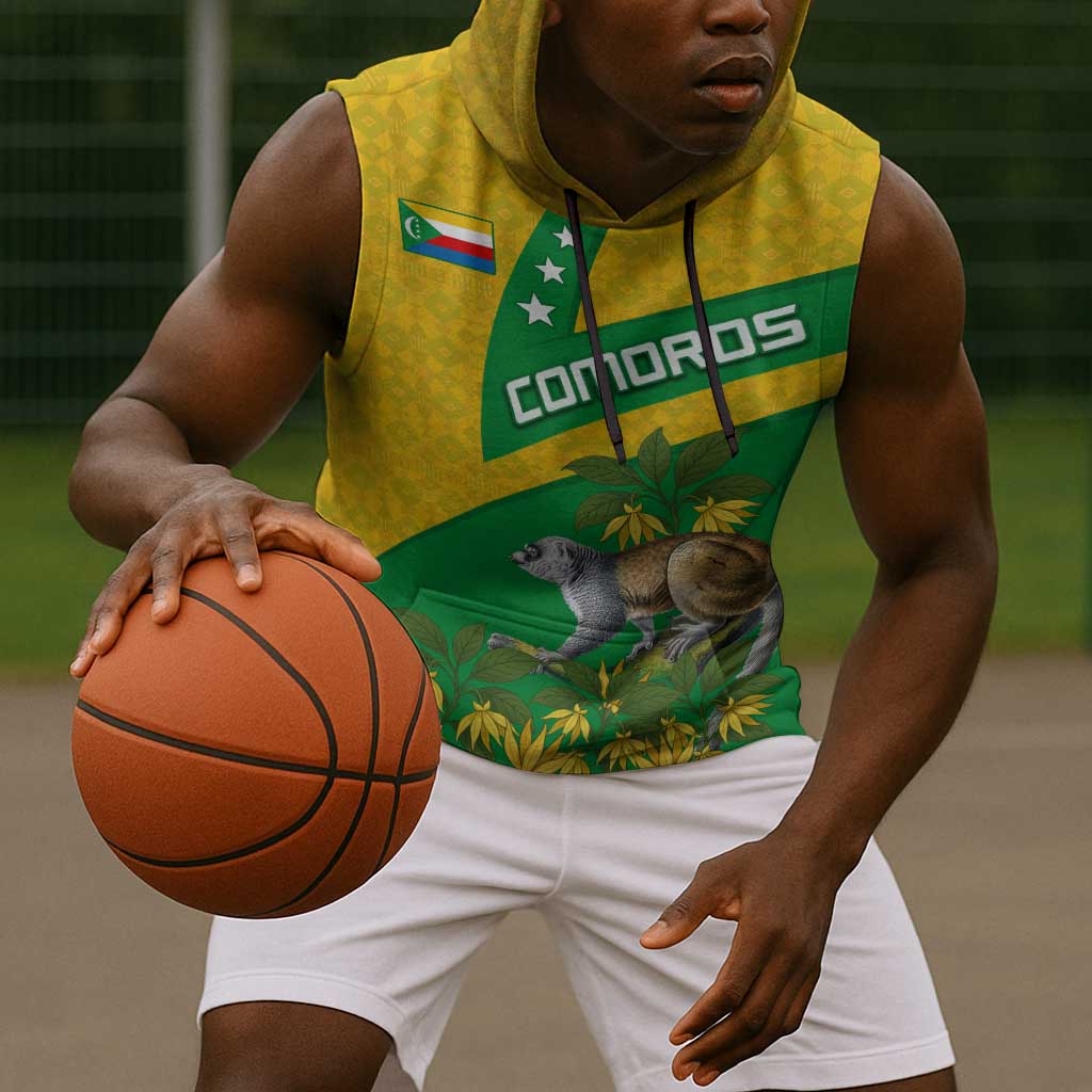 Comoros Sleeveless Hoodie - National Flag Lemur Design and Ylang Ylang Flower Pattern - African Pride