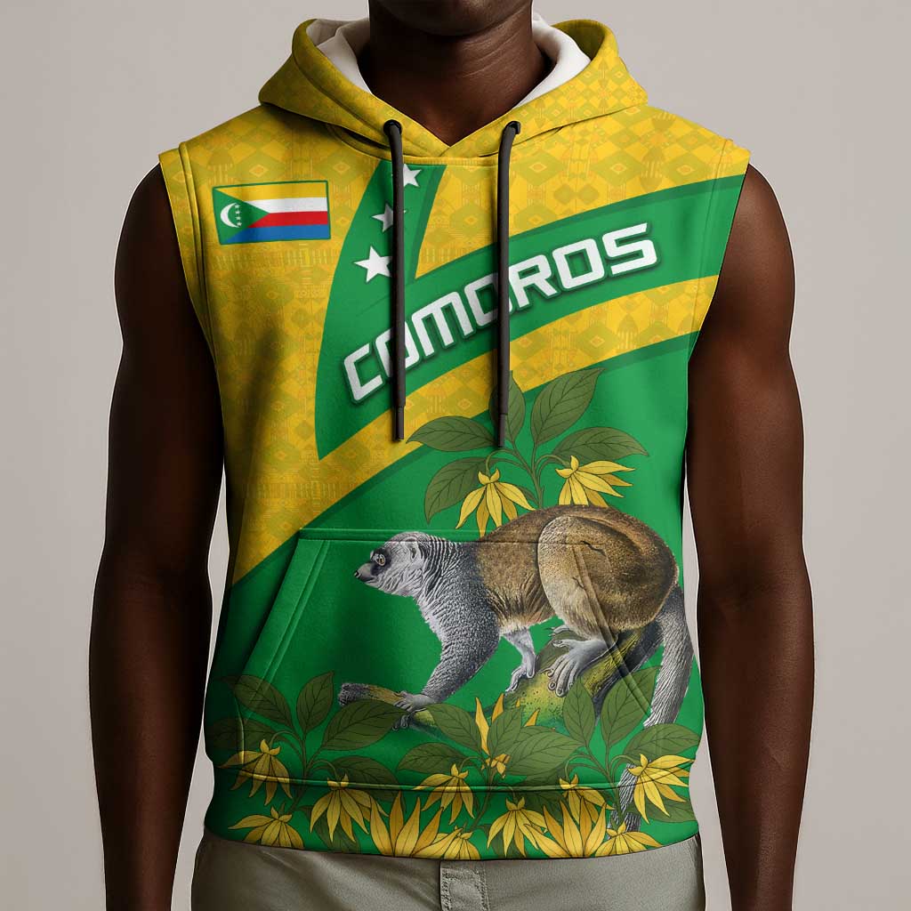 Comoros Sleeveless Hoodie - National Flag Lemur Design and Ylang Ylang Flower Pattern - African Pride