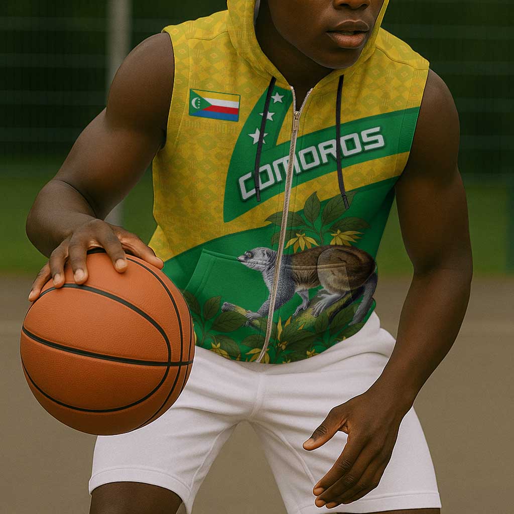 Comoros Sleeveless Zip Hoodie - National Flag Lemur Design and Ylang Ylang Flower Pattern - African Pride