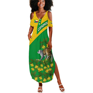 Comoros Summer Maxi Dress - National Flag Lemur Design and Ylang Ylang Flower Pattern