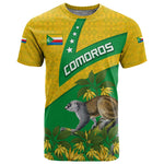 Comoros T shirt - National Flag Lemur Design and Ylang Ylang Flower Pattern
