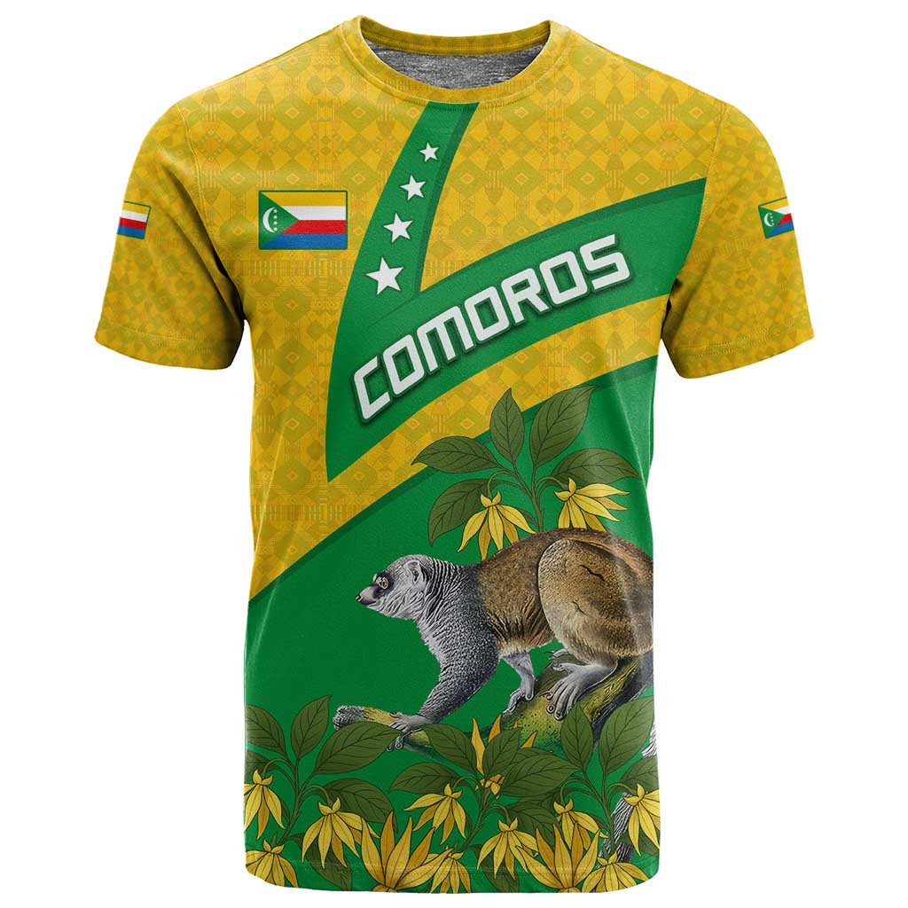 Comoros T shirt - National Flag Lemur Design and Ylang Ylang Flower Pattern