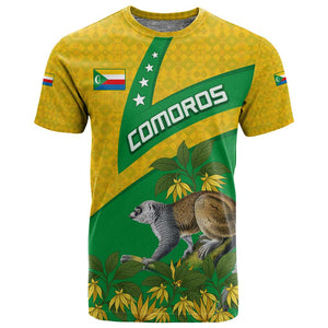 Comoros T shirt - National Flag Lemur Design and Ylang Ylang Flower Pattern