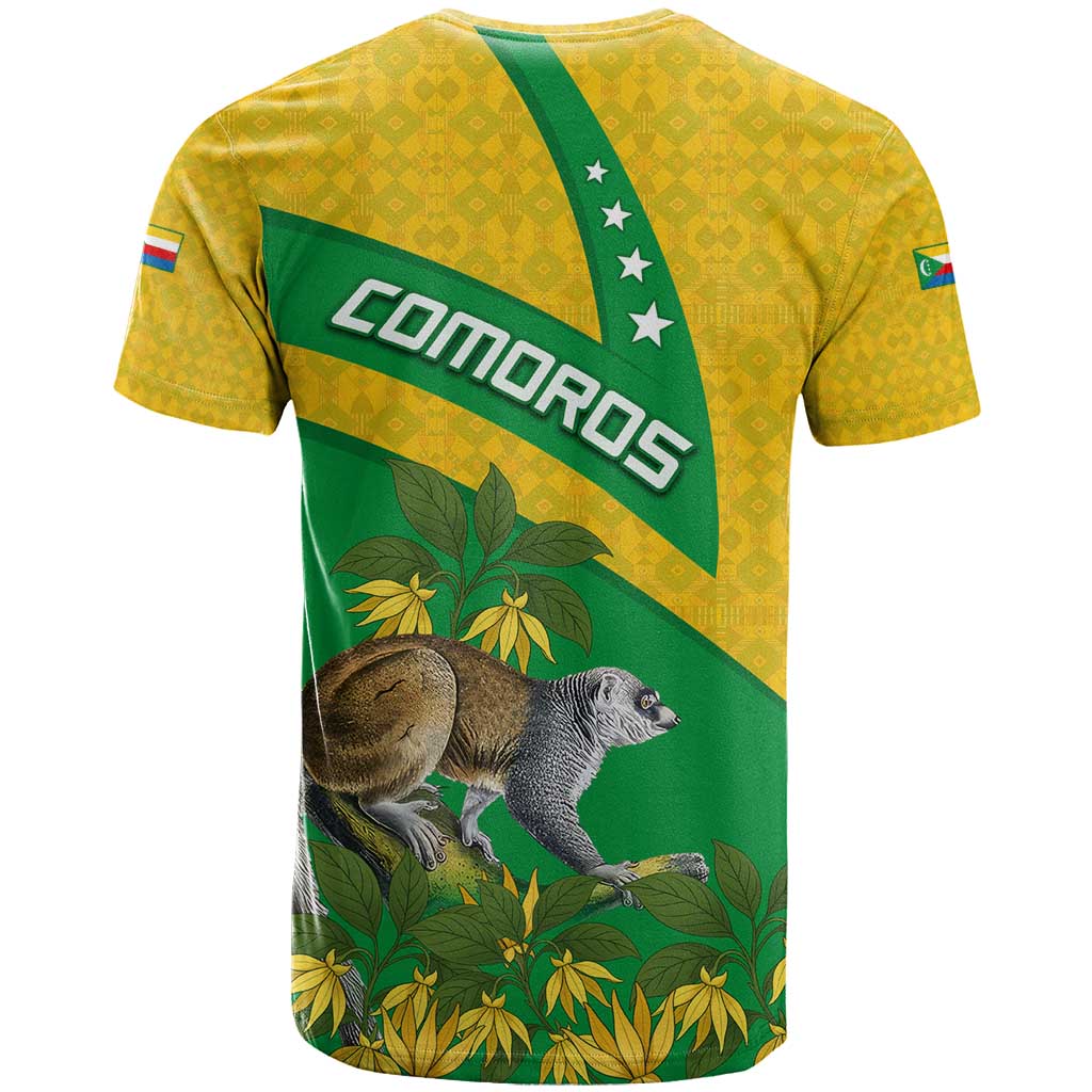 Comoros T shirt - National Flag Lemur Design and Ylang Ylang Flower Pattern