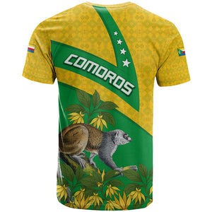Comoros T shirt - National Flag Lemur Design and Ylang Ylang Flower Pattern