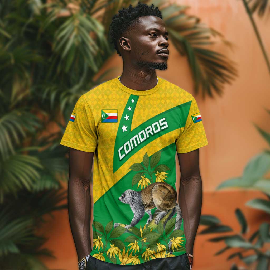 Comoros T shirt - National Flag Lemur Design and Ylang Ylang Flower Pattern