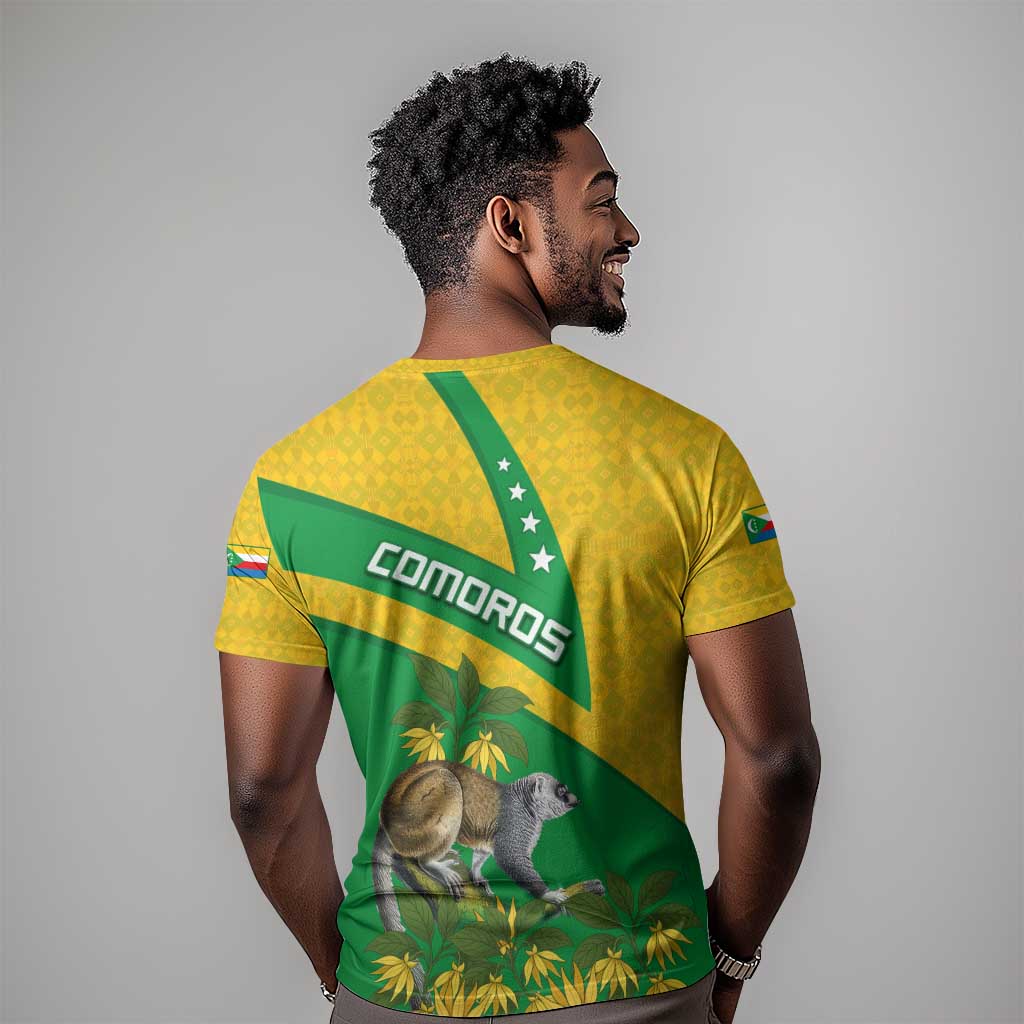 Comoros T shirt - National Flag Lemur Design and Ylang Ylang Flower Pattern