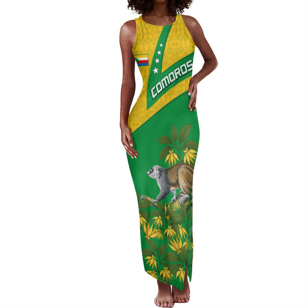 Comoros Tank Maxi Dress - National Flag Lemur Design and Ylang Ylang Flower Pattern
