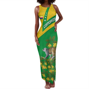 Comoros Tank Maxi Dress - National Flag Lemur Design and Ylang Ylang Flower Pattern