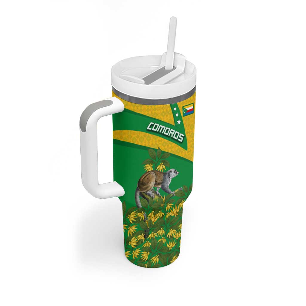 Comoros Tumbler With Handle - National Flag Lemur Design and Ylang Ylang Flower Pattern