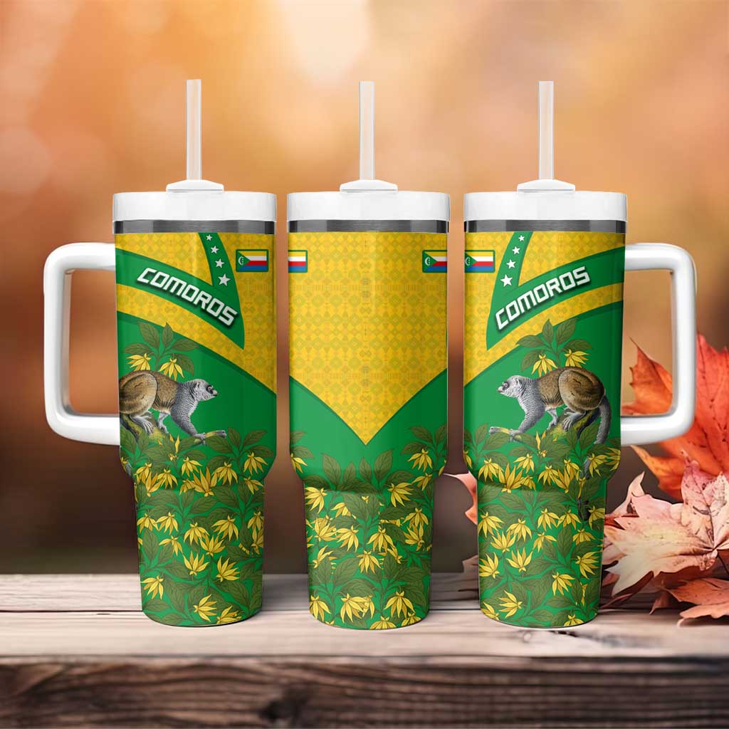 Comoros Tumbler With Handle - National Flag Lemur Design and Ylang Ylang Flower Pattern