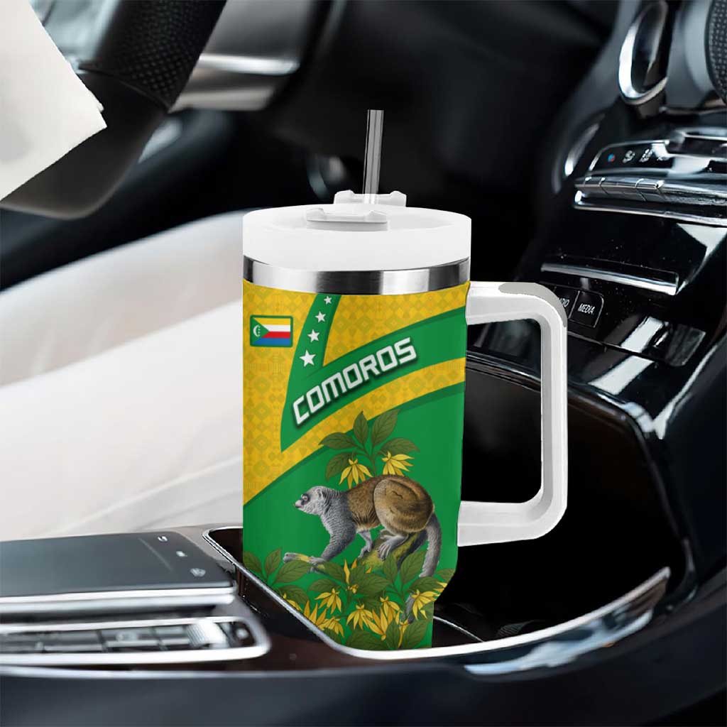 Comoros Tumbler With Handle - National Flag Lemur Design and Ylang Ylang Flower Pattern
