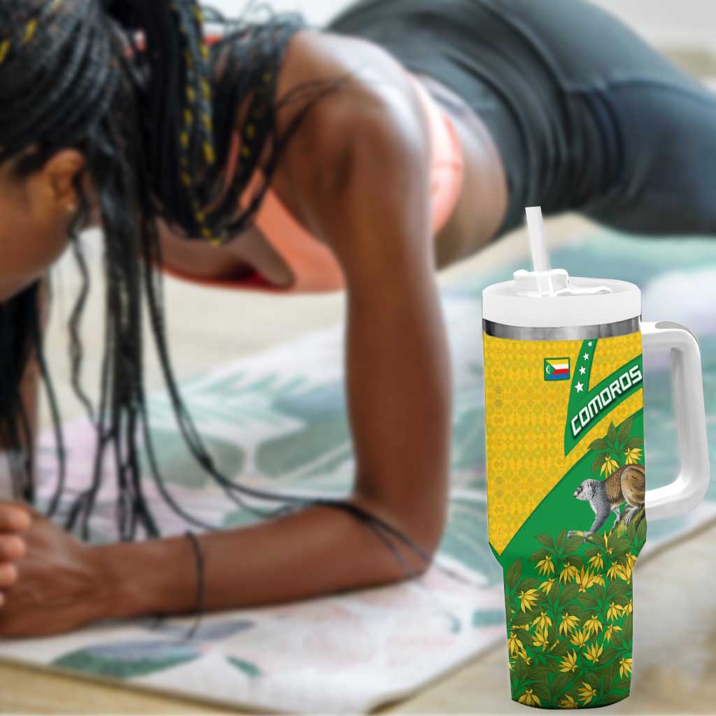 Comoros Tumbler With Handle - National Flag Lemur Design and Ylang Ylang Flower Pattern