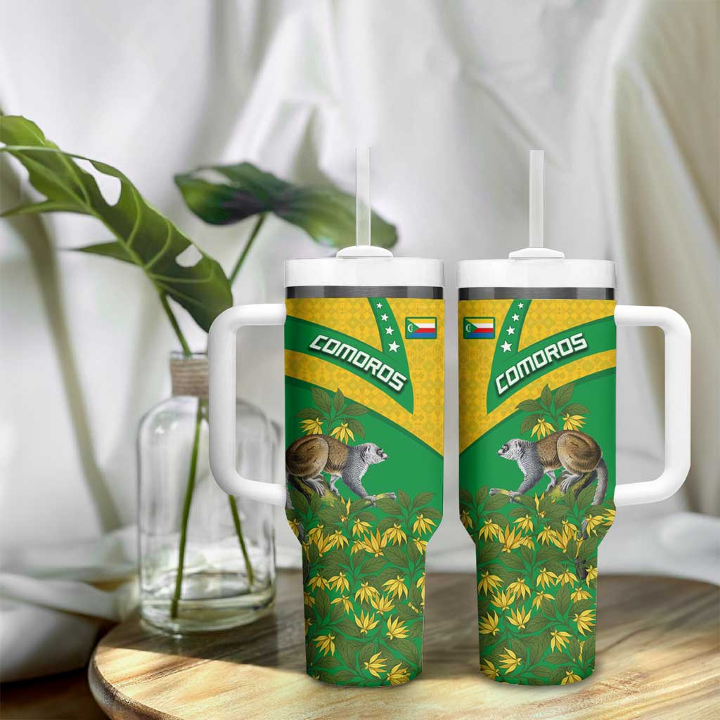 Comoros Tumbler With Handle - National Flag Lemur Design and Ylang Ylang Flower Pattern