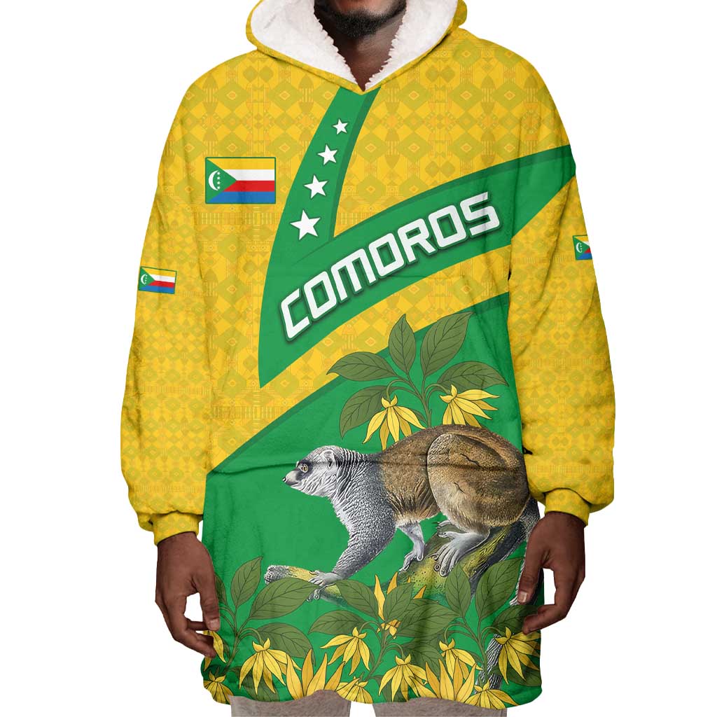 Comoros Wearable Blanket Hoodie - National Flag Lemur Design and Ylang Ylang Flower Pattern
