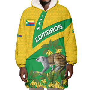 Comoros Wearable Blanket Hoodie - National Flag Lemur Design and Ylang Ylang Flower Pattern