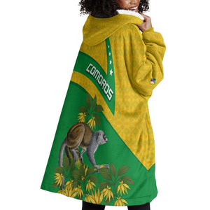 Comoros Wearable Blanket Hoodie - National Flag Lemur Design and Ylang Ylang Flower Pattern