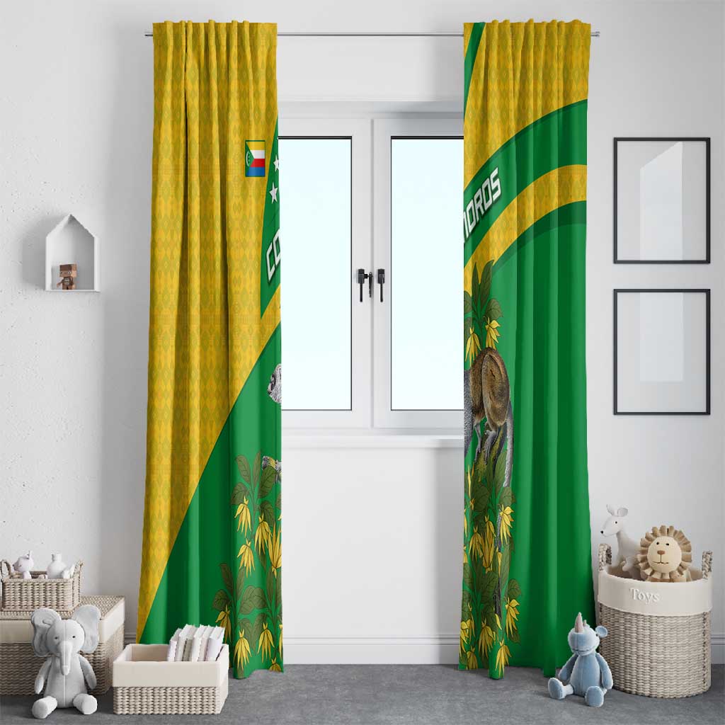 Comoros Window Curtain - National Flag Lemur Design and Ylang Ylang Flower Pattern