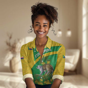 Comoros Women Casual Shirt - National Flag Lemur Design and Ylang Ylang Flower Pattern