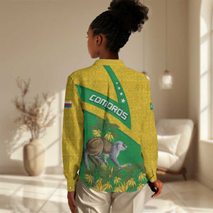 Comoros Women Casual Shirt - National Flag Lemur Design and Ylang Ylang Flower Pattern