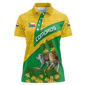 Comoros Women Polo Shirt - National Flag Lemur Design and Ylang Ylang Flower Pattern