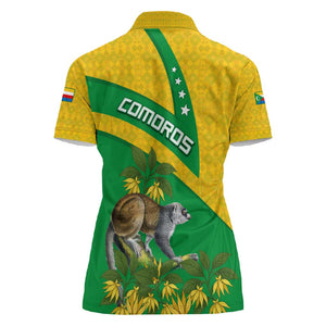 Comoros Women Polo Shirt - National Flag Lemur Design and Ylang Ylang Flower Pattern