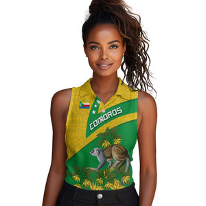 Comoros Women Sleeveless Polo Shirt - National Flag Lemur Design and Ylang Ylang Flower Pattern