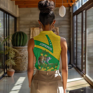 Comoros Women Sleeveless Polo Shirt - National Flag Lemur Design and Ylang Ylang Flower Pattern
