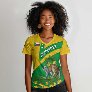 Comoros Women V-Neck T-Shirt - National Flag Lemur Design and Ylang Ylang Flower Pattern