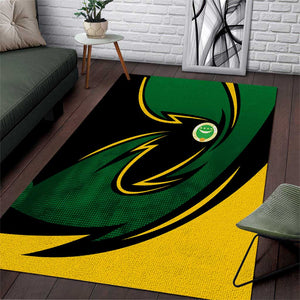 Comoros Area Rug - Green Black Yellow Swirl Design and National Emblem Pattern