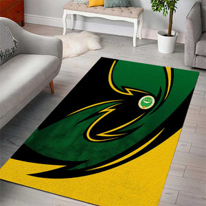 Comoros Area Rug - Green Black Yellow Swirl Design and National Emblem Pattern