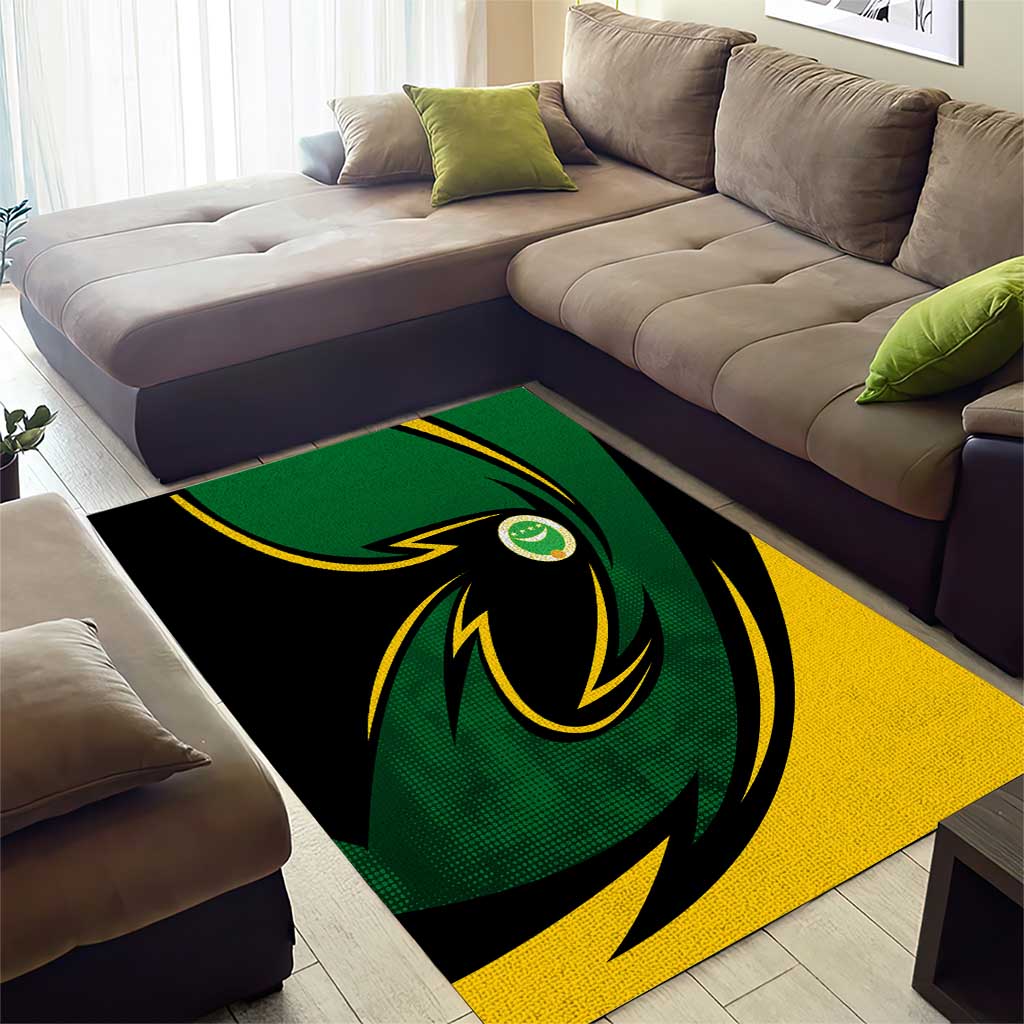 Comoros Area Rug - Green Black Yellow Swirl Design and National Emblem Pattern