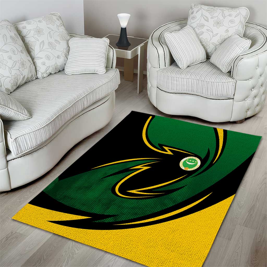 Comoros Area Rug - Green Black Yellow Swirl Design and National Emblem Pattern