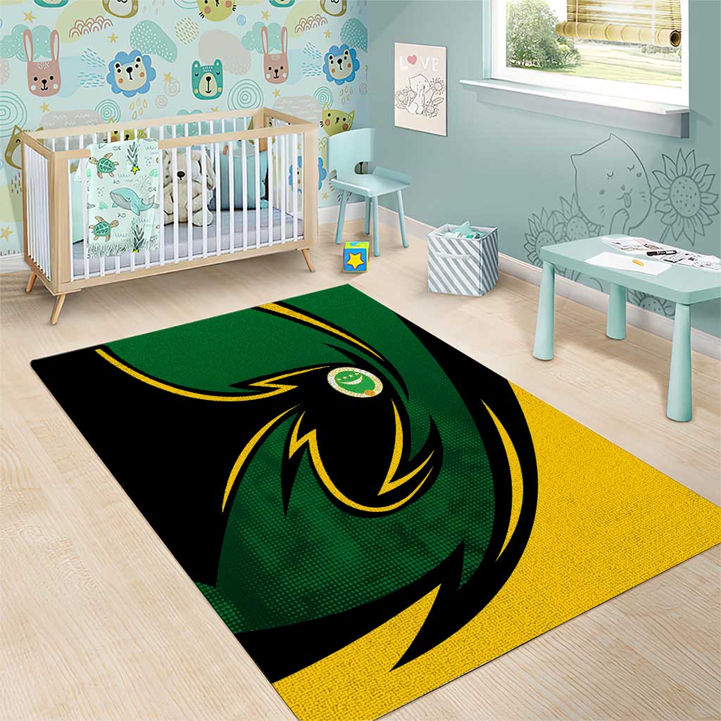 Comoros Area Rug - Green Black Yellow Swirl Design and National Emblem Pattern