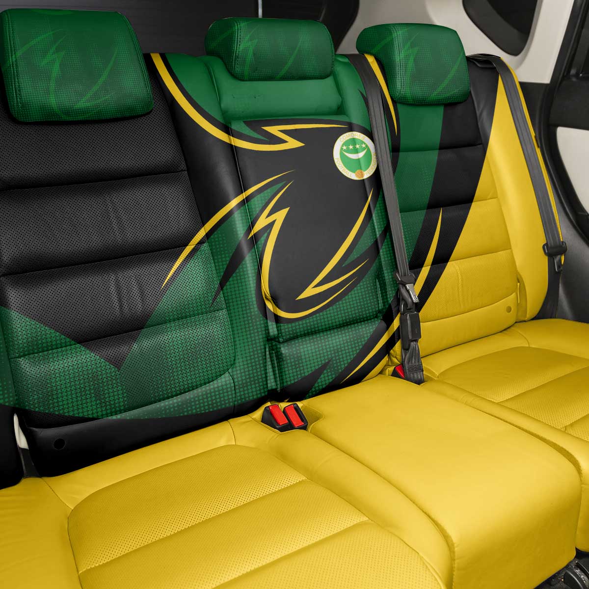 Comoros Back Car Seat Cover - Green Black Yellow Swirl Design and National Emblem Pattern