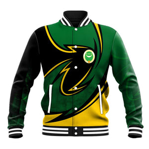 Comoros Baseball Jacket - Green Black Yellow Swirl Design and National Emblem Pattern
