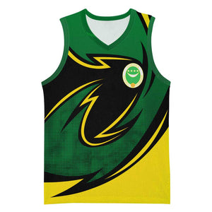 Comoros Basketball Jersey - Green Black Yellow Swirl Design and National Emblem Pattern - African Pride