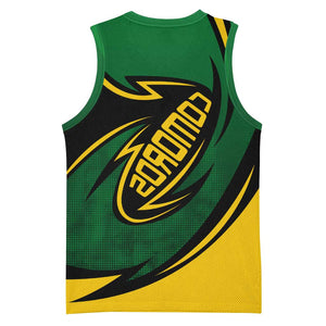 Comoros Basketball Jersey - Green Black Yellow Swirl Design and National Emblem Pattern - African Pride