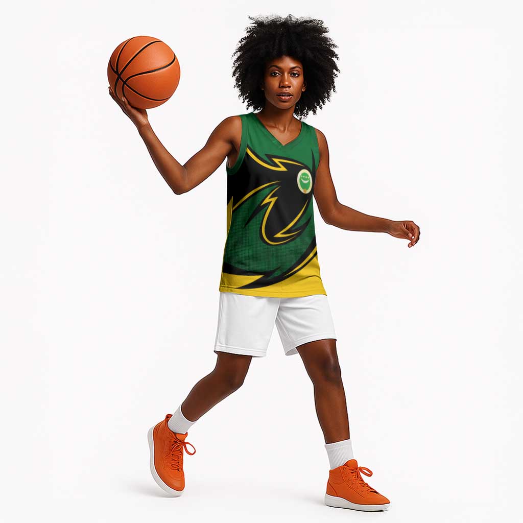 Comoros Basketball Jersey - Green Black Yellow Swirl Design and National Emblem Pattern - African Pride