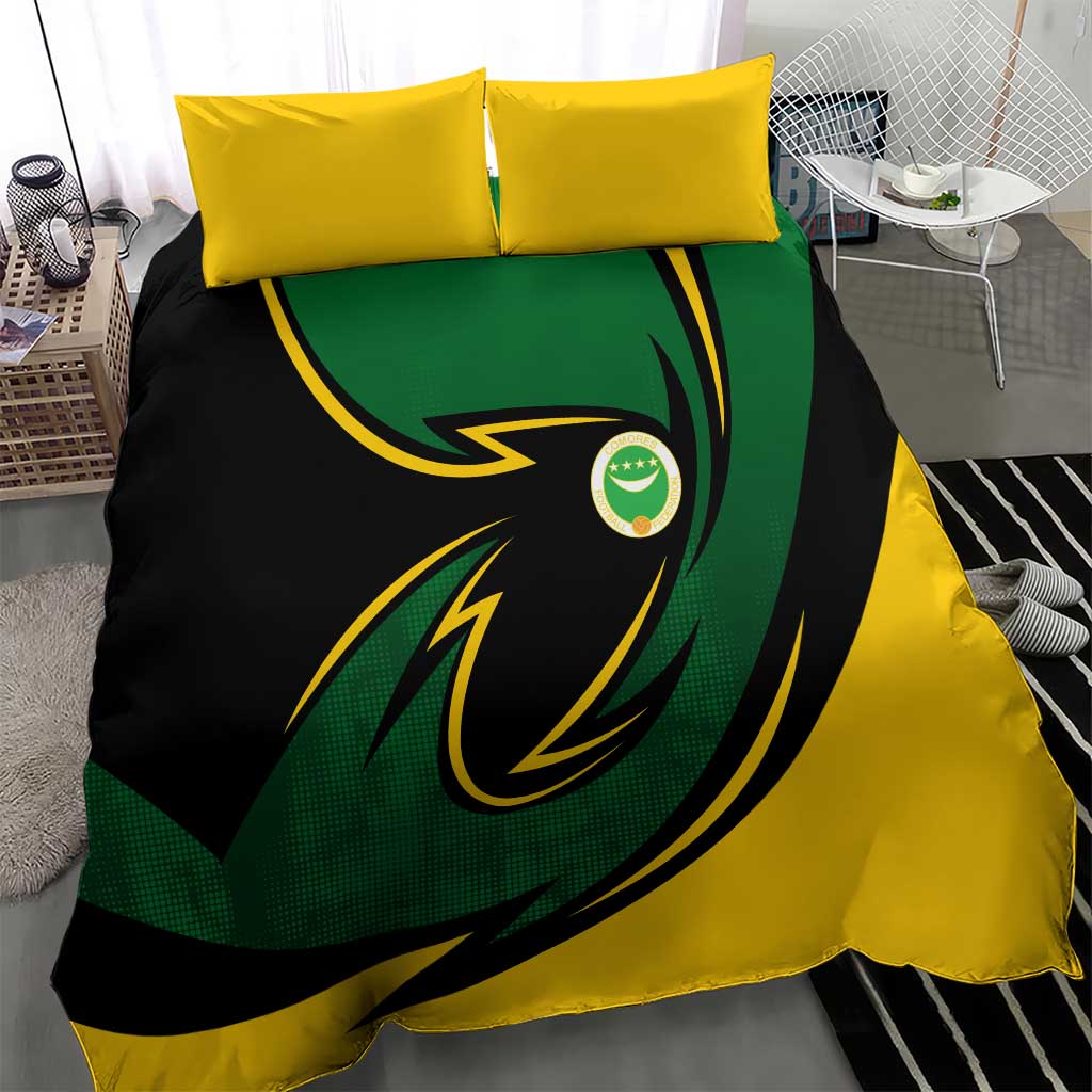 Comoros Bedding Set - Green Black Yellow Swirl Design and National Emblem Pattern