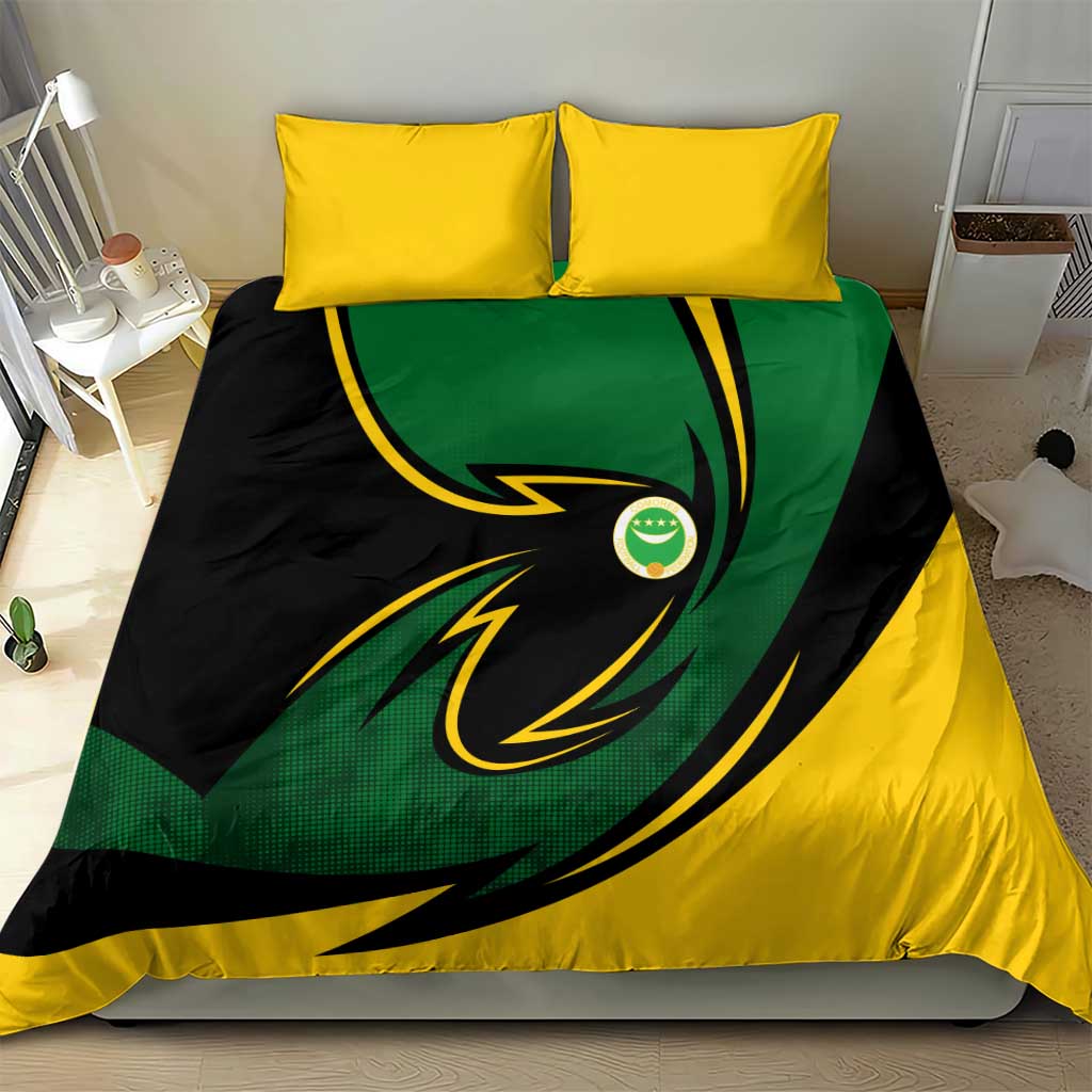 Comoros Bedding Set - Green Black Yellow Swirl Design and National Emblem Pattern