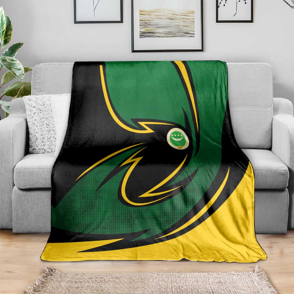 Comoros Blanket - Green Black Yellow Swirl Design and National Emblem Pattern