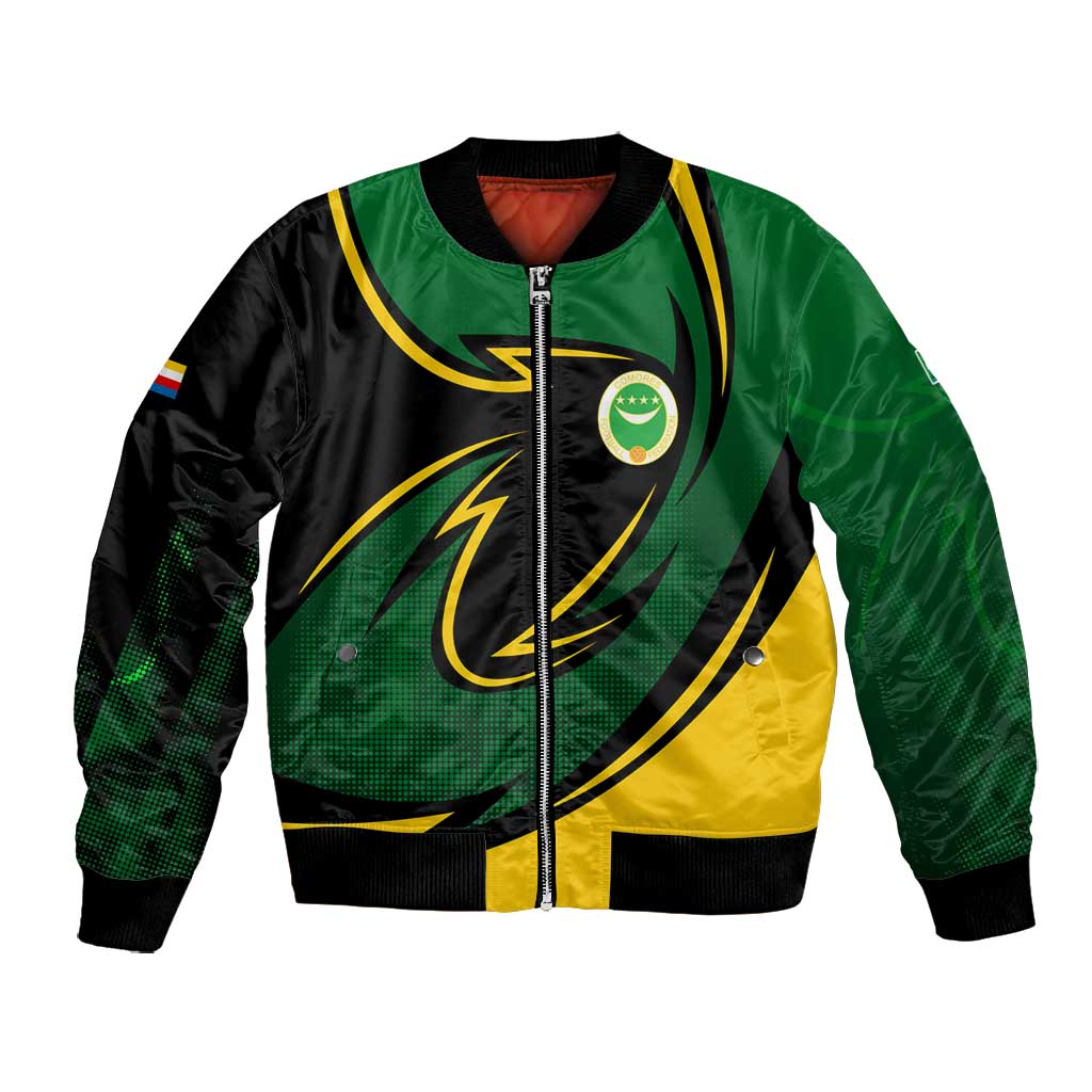 Comoros Bomber Jacket - Green Black Yellow Swirl Design and National Emblem Pattern
