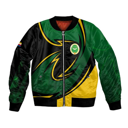 Comoros Bomber Jacket - Green Black Yellow Swirl Design and National Emblem Pattern